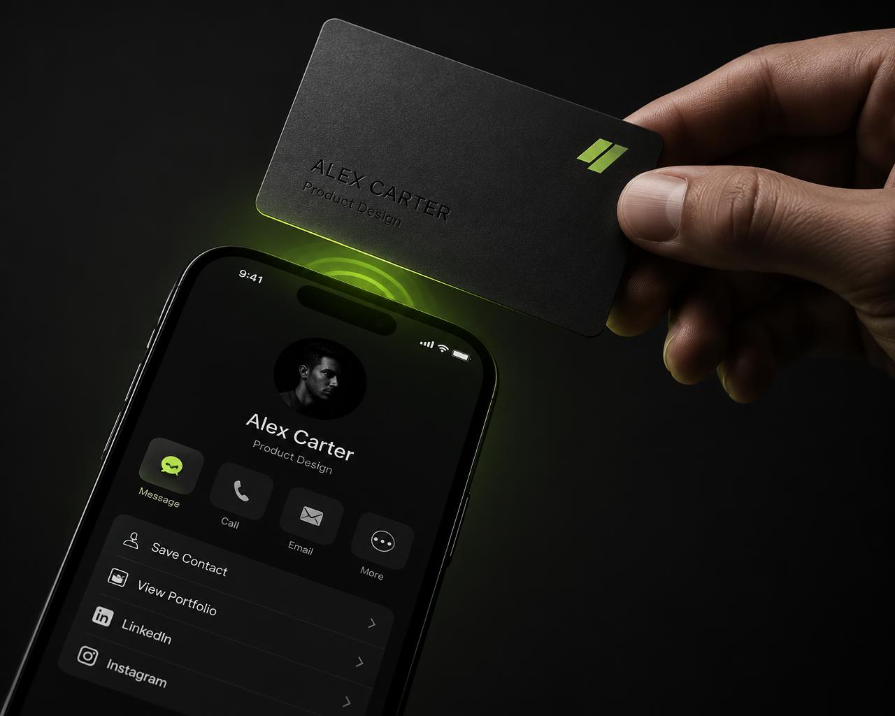 Qard NFC card being tapped on a phone showing a digital profile